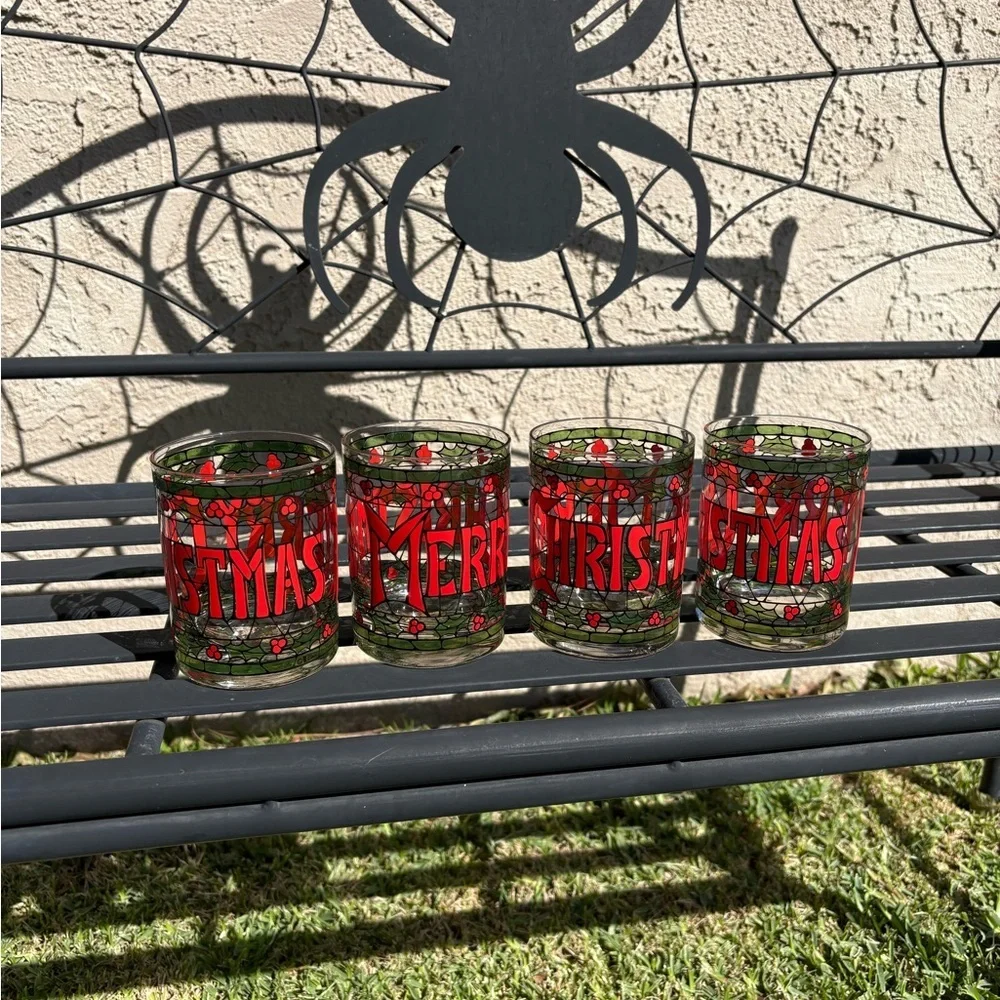 1970’s Cera Merry Christmas Holly Stained Glass Old Fashion Glasses Set of 4 EUC